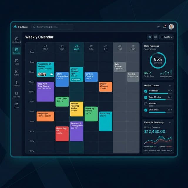 Dashboard de productividad The Prime Way mostrando gestión de tareas, calendario, hábitos y seguimiento financiero